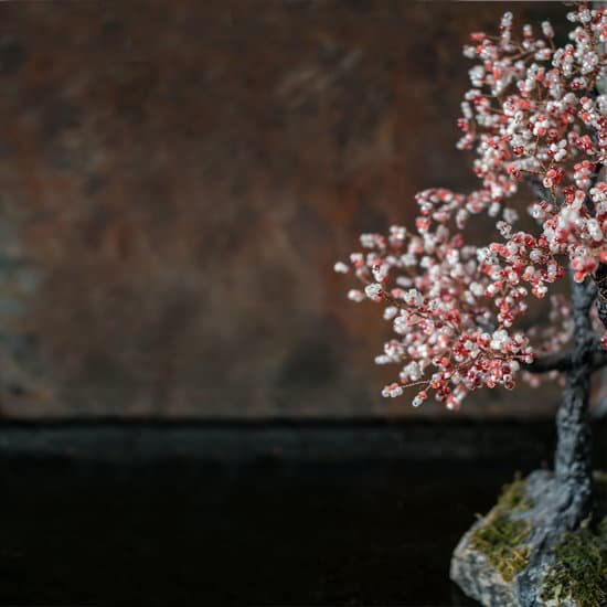 canva bonsai tree of white and red beads and wire on a stone stand wit MADLqMbyX88