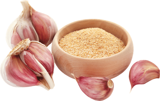 canva garlic powder in a wooden bowl and garlic cloves MAEFyfm4A0o