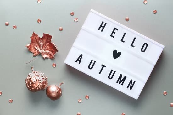 canva lightbox with text hello autumn and heart sign. silver grey paper background. flat lay with dry sycamore leaves bronze metallic pumpkin and small apples. MAD VcVbnm0