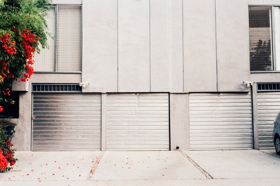canva gray metal shutter door at the garage
