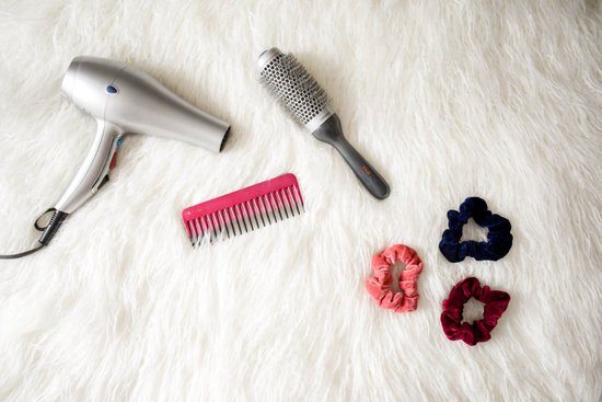 canva grey hair blower near pink hair combs and scrunchies MADGwDody M