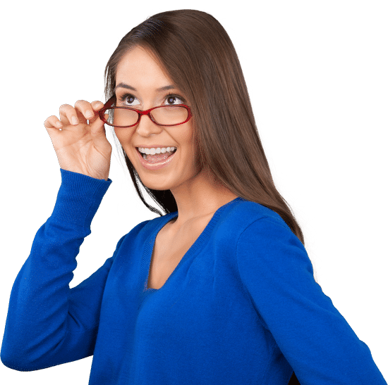 canva happy woman looking and holding glasses isolated