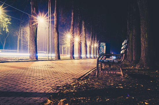 canva photography of brown bench beside walkway and trees at night MADGyf8V as